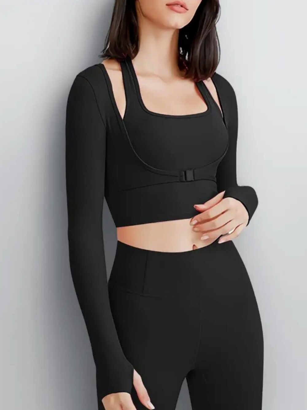Ribbed black Crop long sleeve hanging neck top thumb holes buckle up XS